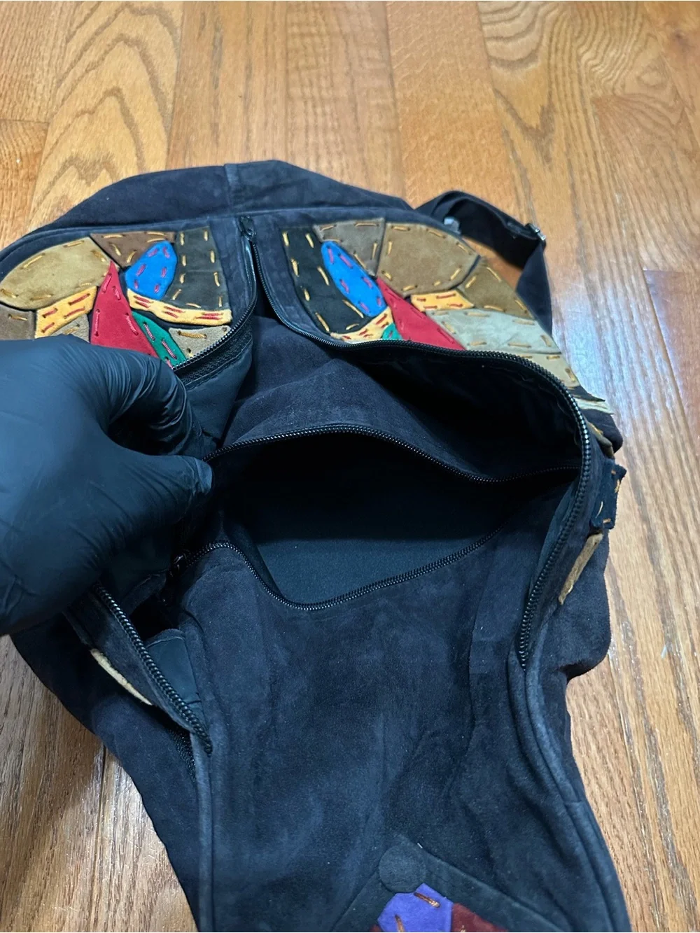 Black Suede Bird Carrier Backpack with Red & Blue Parrot Design